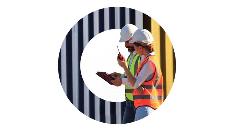 Two logistics workers wearing hard hats and safety vests using a tablet and walkie-talkie to coordinate operations near shipping containers, framed by a circular graphic.