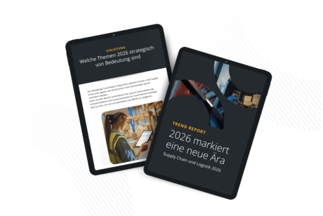 Zwei Tablets zeigen den Trendreport 2026 für Supply Chain und Logistik mit dem Titel „2026 markiert eine neue Ära“.