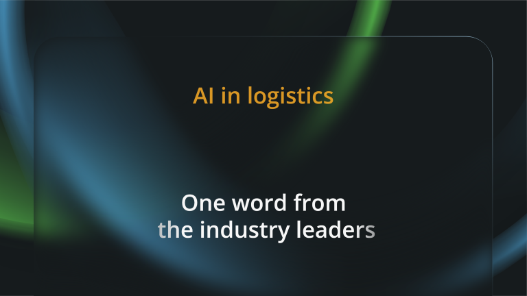 A dark digital banner with abstract blue and green light streaks, featuring the headline text "AI in logistics" in orange and "One word from the industry leaders" in white.