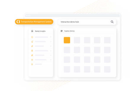 A screenshot of a software interface for a "Transportation Management System." It shows an "Interactive demo hub" with a search bar, a "Market Insights" side menu with icons, and a main grid labeled "Explore demos."