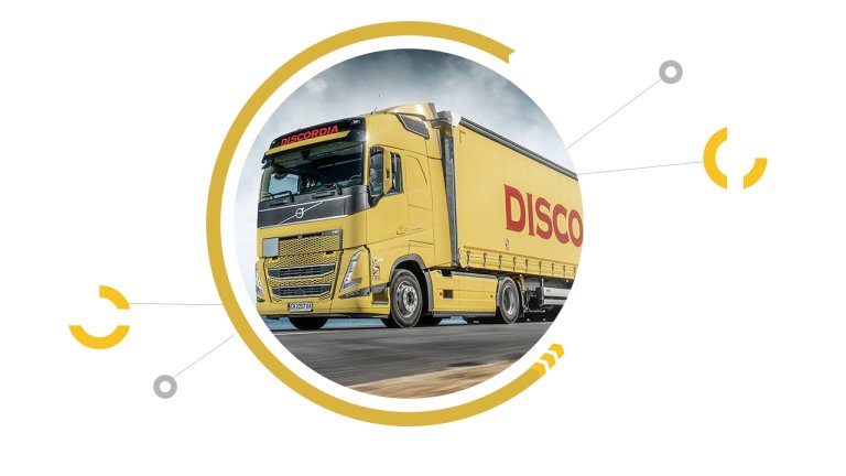 Yellow truck with Discordia logo