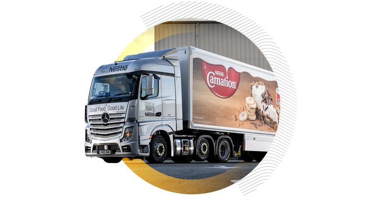 A silver Mercedes-Benz delivery truck branded with Nestlé Carnation livery, framed by a stylized circular graphic, representing the logistics fleet efficiency achieved through Transporeon's platform.