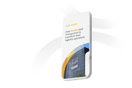A smartphone displaying the Transporeon case study titled "How Nestlé used Transporeon to transform their logistics operations," highlighting a successful digital supply chain transformation.