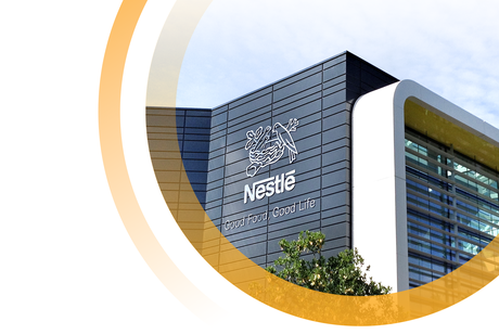 Nestle building in a Transporeon Trimble circle with Nestle logo on the wall