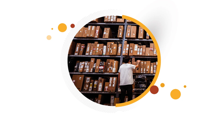Warehouse worker retrieving stock from shelves, illustrating Thomann's logistics challenge