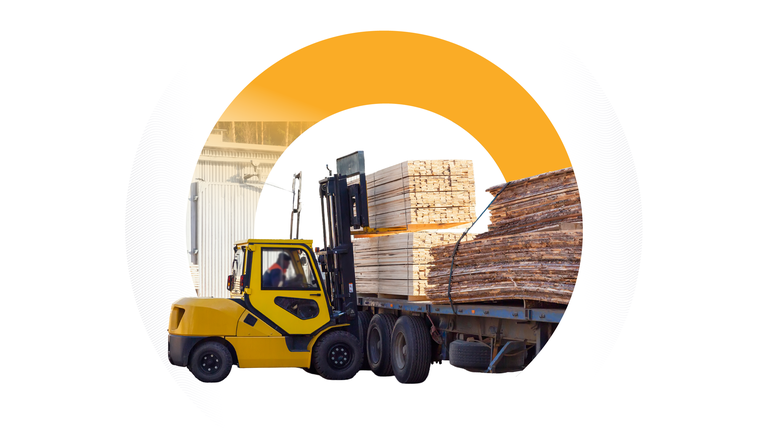 Ein gelber Gabelstapler, der Holzpakete auf einen Lkw lädt, eingerahmt von einer gelben Kreisgrafik, die effiziente Verladeprozesse und Vorteile der Automatisierung darstellt.