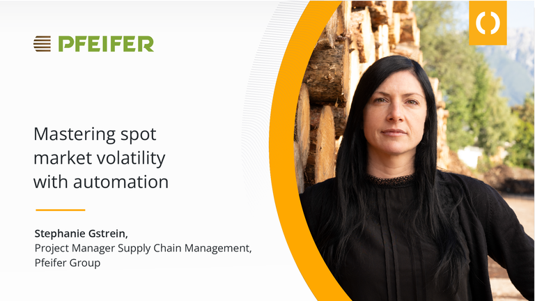 A banner for the Pfeifer Group case study, showing Stephanie Gstrein (Head of Group Dispatch) in front of stacked wood, next to the title "Mastering the volatility of the spot market with automation".