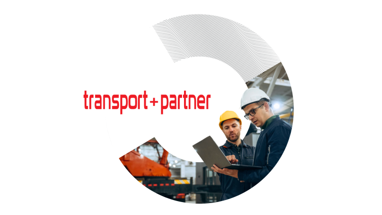 transport + partner logo and specialists in protective helmets checking laptop in a Trimble circle