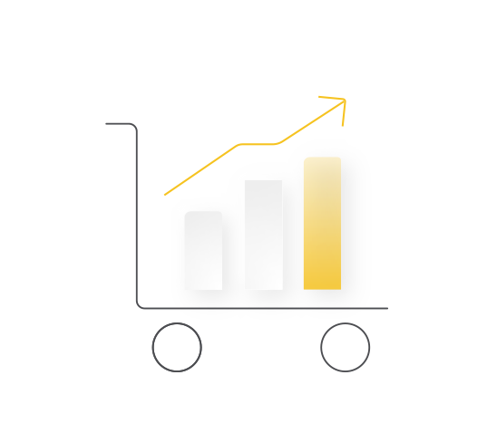 A stylized icon combining a shopping cart outline with a rising bar chart and a yellow upward-trending arrow, symbolizing sales growth, increased demand, and performance optimization in logistics.
