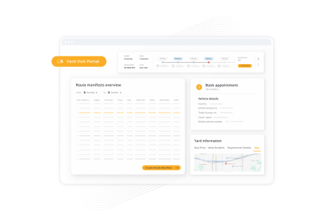 A software dashboard for a "Yard Visit Portal." The interface includes a "Route manifests overview" table, a "Book appointment" module for vehicle details, and a "Yard information" section with a small map.