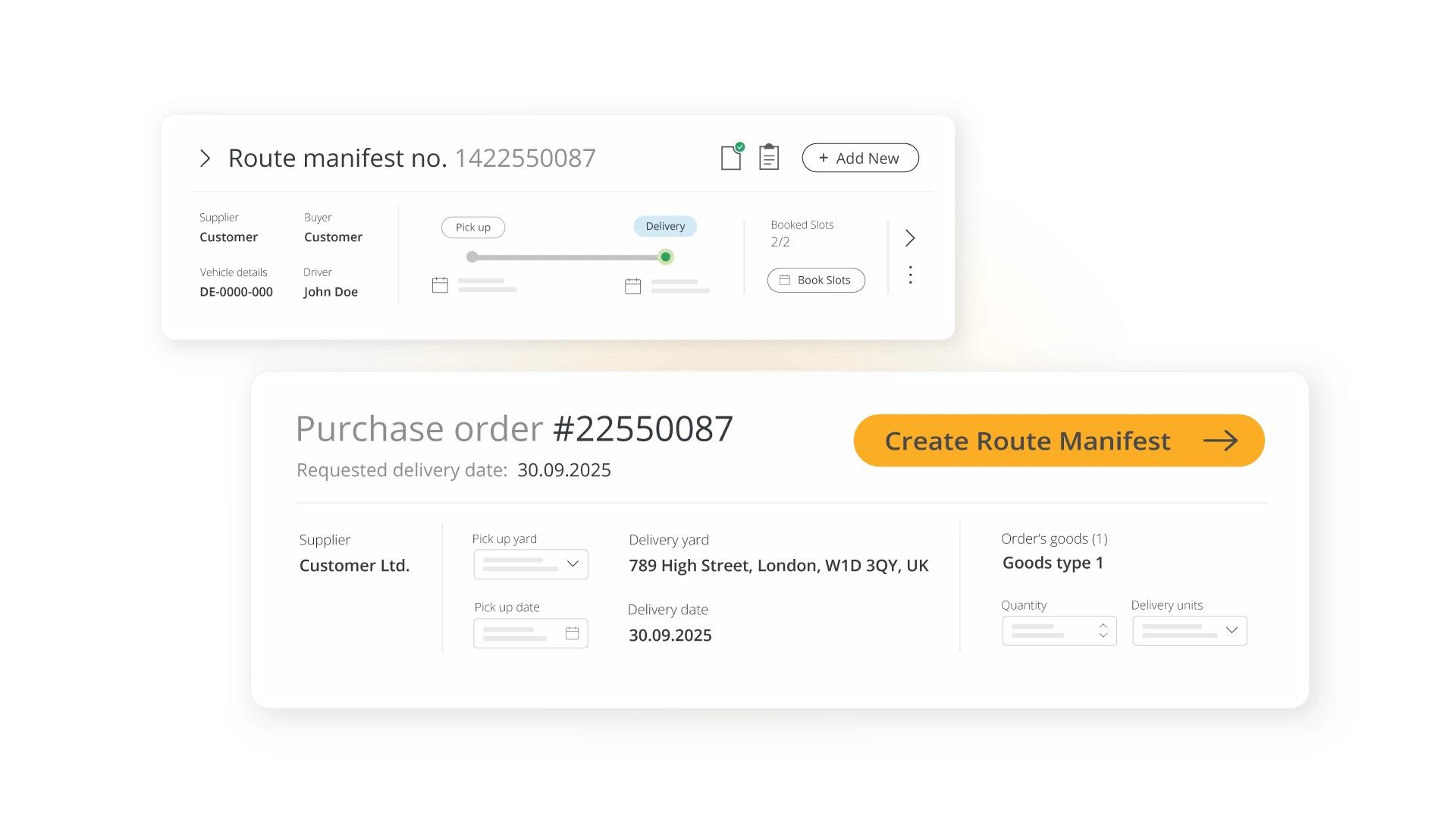 purchase orders to Yard Visit Portal as a Route Manifes
