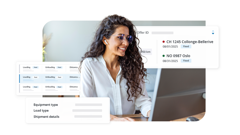 A smiling professional woman with glasses and earbuds working at a computer, overlaid with digital freight offer details.