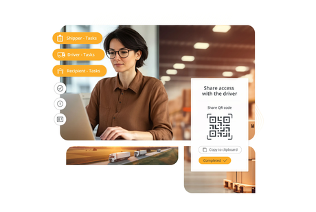 A professional woman in glasses works on a laptop, surrounded by UI elements for logistics tasks and a QR code window labeled 'Share access with the driver'.