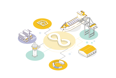 Ein isometrisches Diagramm, das ein Logistik- und Yard-Management-Netzwerk darstellt. Ein zentrales Unendlichkeitssymbol (∞) ist über Linien mit umliegenden Symbolen verbunden: einem Containerschiff mit Portalkran, einem Lagerhaus, zwei Lastwagen, einem Flughafenkontrollturm, einem Kreisdiagramm und einem Symbol für eine Yard-Anordnung.