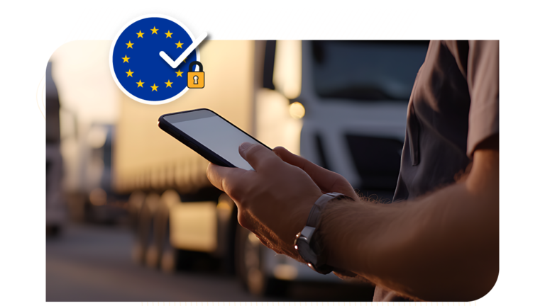 Gros plan des mains d'un chauffeur tenant un smartphone devant un camion flou. Une icône bleue de l'UE avec un cadenas symbolise la sécurité numérique.