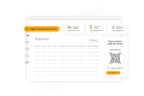  Transporeon Digital Transport Documents dashboard showing shipment signatures from shipper, driver, and recipient with QR code sharing