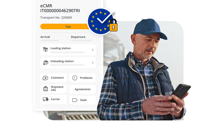 Close-up of a person's hands using a smartphone in front of a blurred truck, featuring a European Union flag icon with a checkmark and padlock for secure digital documentation.