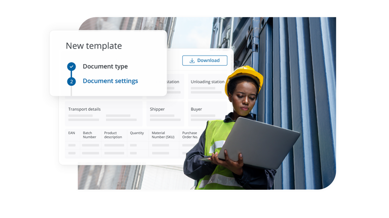 Logistics worker using Transporeon digital transport documents template on tablet to manage eCMR and eDelivery workflows