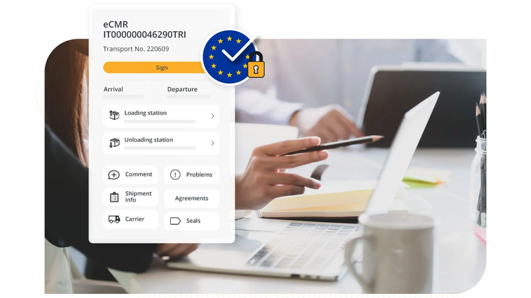 Eine Person im Büro mit einer eCMR-App-Oberfläche im Vordergrund, die Be- und Entladestationen sowie ein blaues EU-Sicherheits-Checkmark-Symbol zeigt.