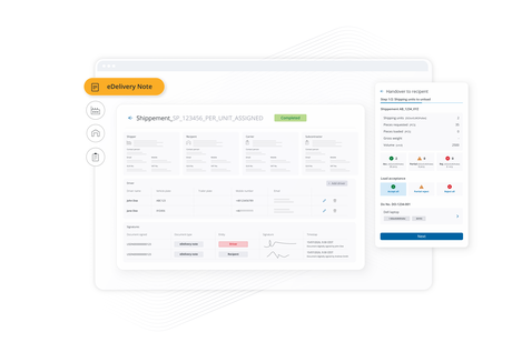Transporeon eDelivery note dashboard showing completed shipment handover with driver details and digital signatures