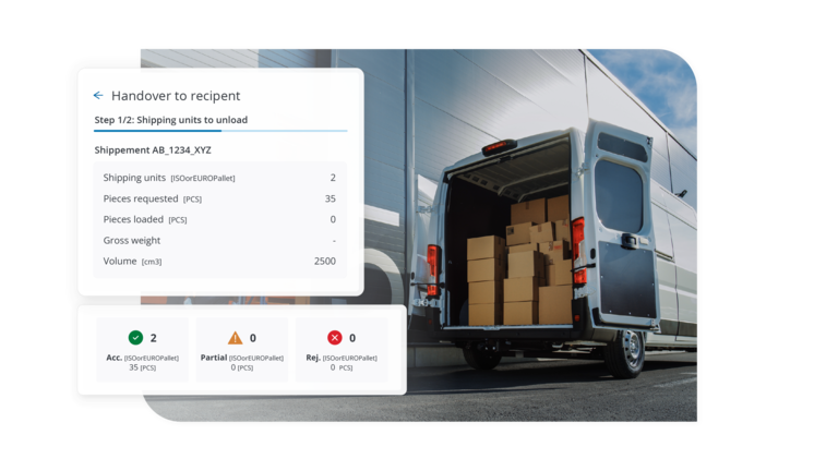 Transporeon handover screen tracking shipping units unloaded from an open cargo van at delivery