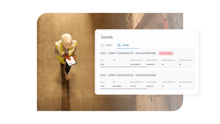 Warehouse worker scanning pallets with tablet alongside Transporeon goods and SSCC tracking panel