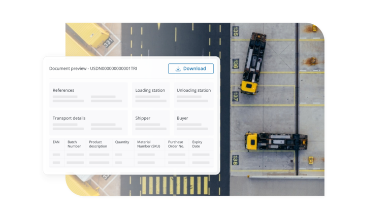 Transporeon document preview panel over an aerial view of trucks at a loading yard for delivery tracking