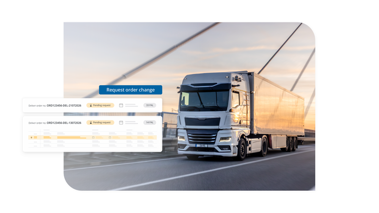 Freight truck on the road with an order change request screen overlaid on top