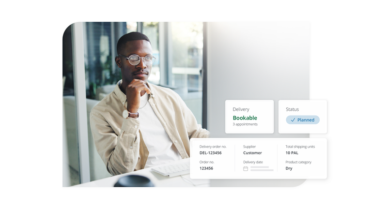 Man at desk beside a Supplier Collaboration order panel showing delivery status and bookable appointments