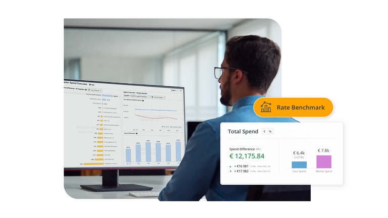 A professional looking at a monitor displaying logistics data, surrounded by floating UI elements showing "Total Spend" metrics and cost comparisons.