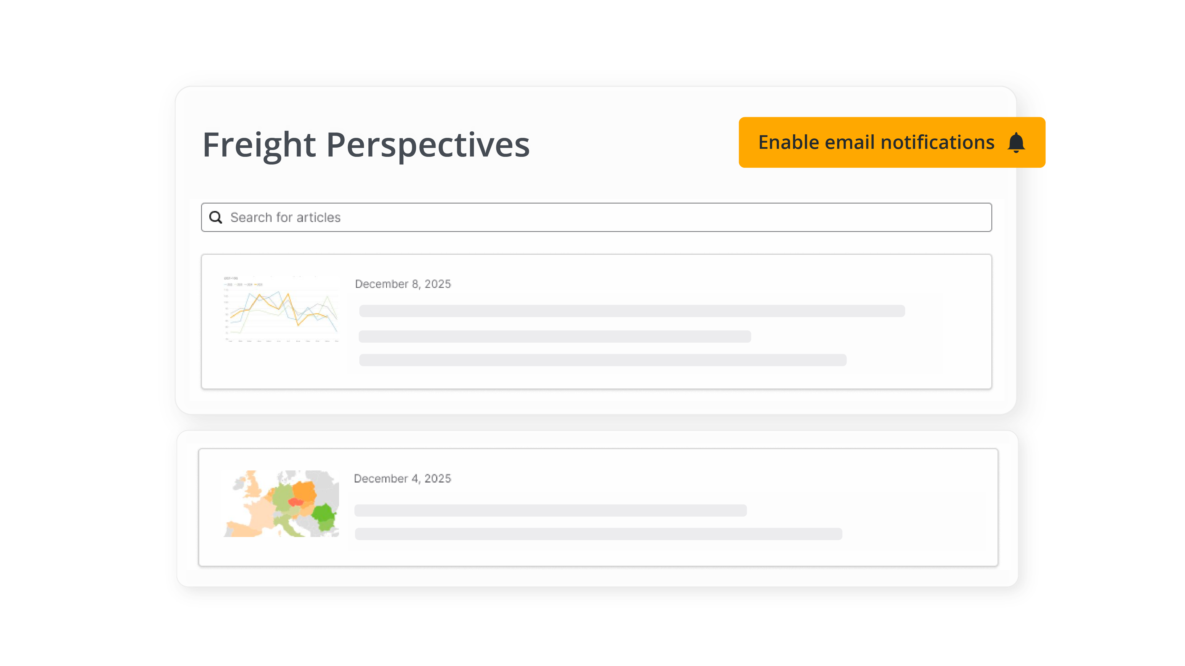 A "Freight Perspectives" news feed interface featuring articles on market indicators and rate comparisons, with an "Enable email notifications" button.