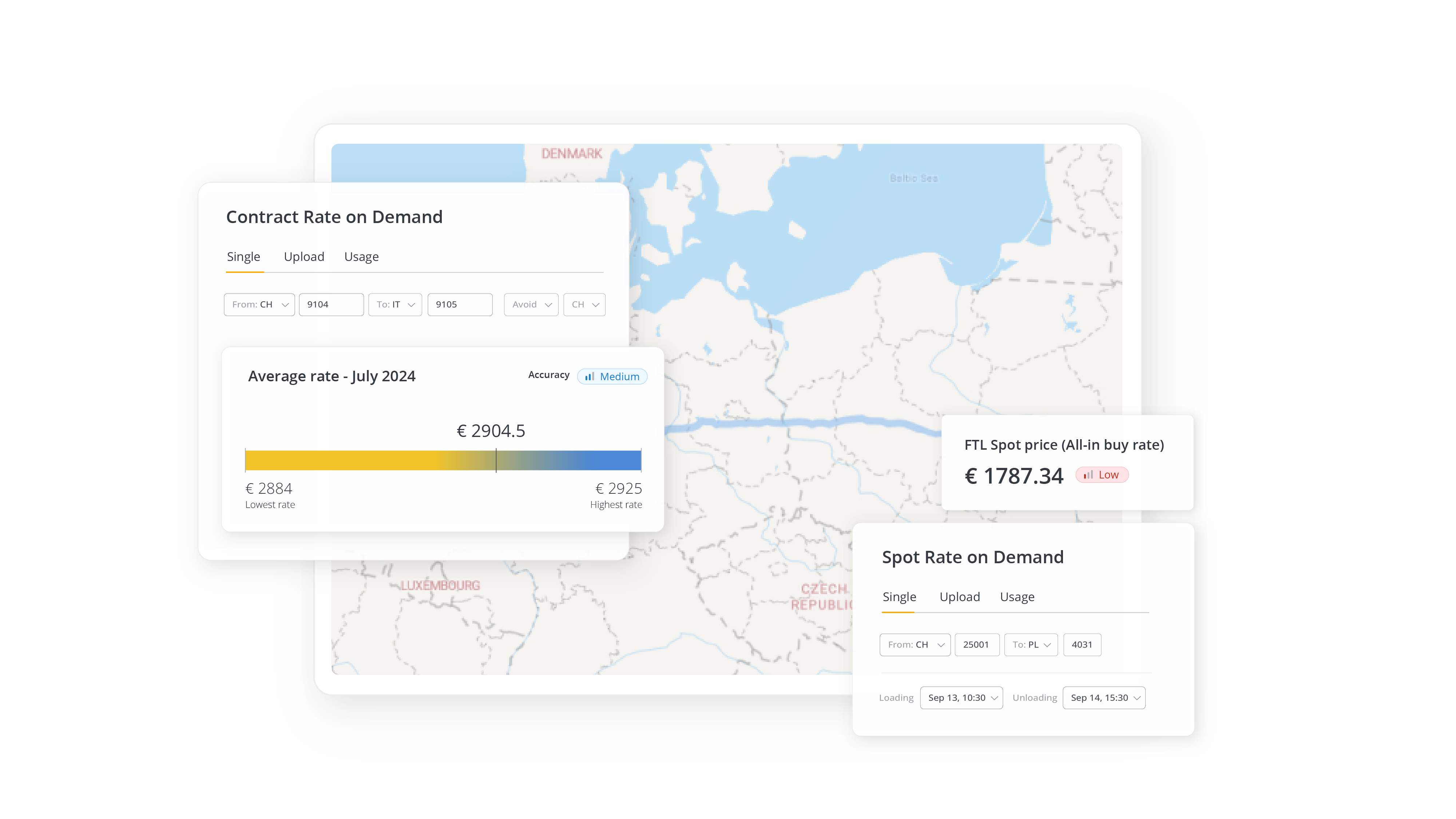 A digital map interface showing a transport route from Switzerland to Poland with overlay windows for "Spot Rate on Demand" and "Contract Rate on Demand".