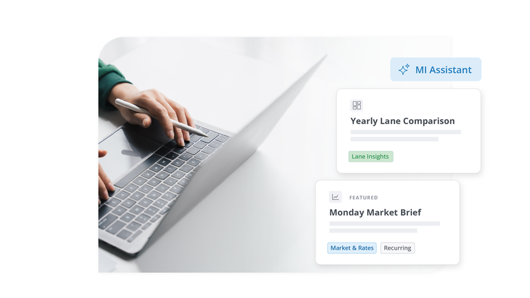 Market Insights interface showing AI Assistant, yearly lane comparison and market brief cards beside a person using a laptop.