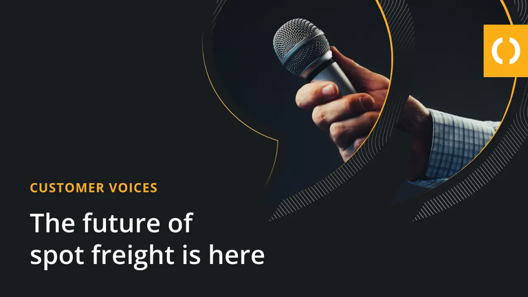 A dark promotional banner featuring the headline "Customer Voices: The future of spot freight is here" alongside an image of a hand holding a microphone framed within a large stylized quotation mark, representing industry feedback and user testimonials.