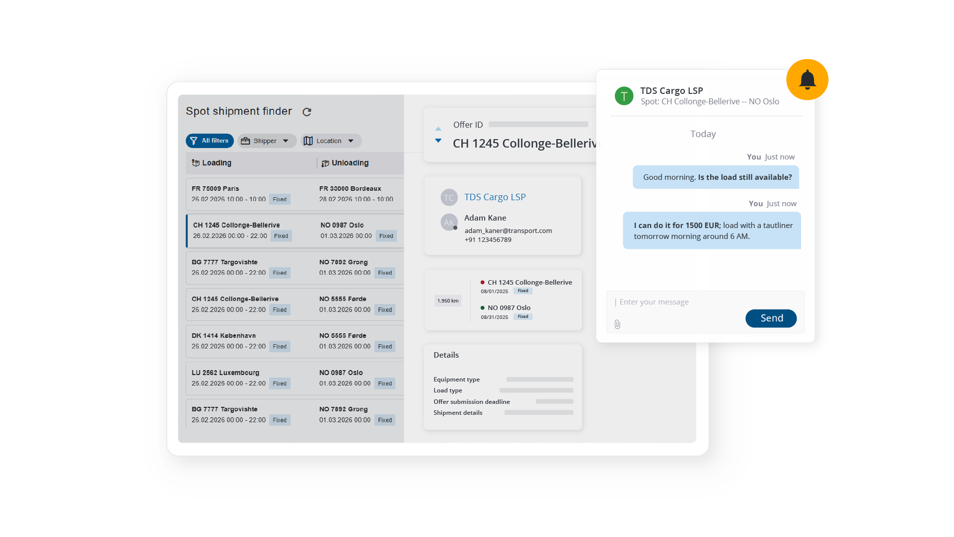 A spot shipment finder interface with a live chat window for direct communication between shippers and logistics service providers.