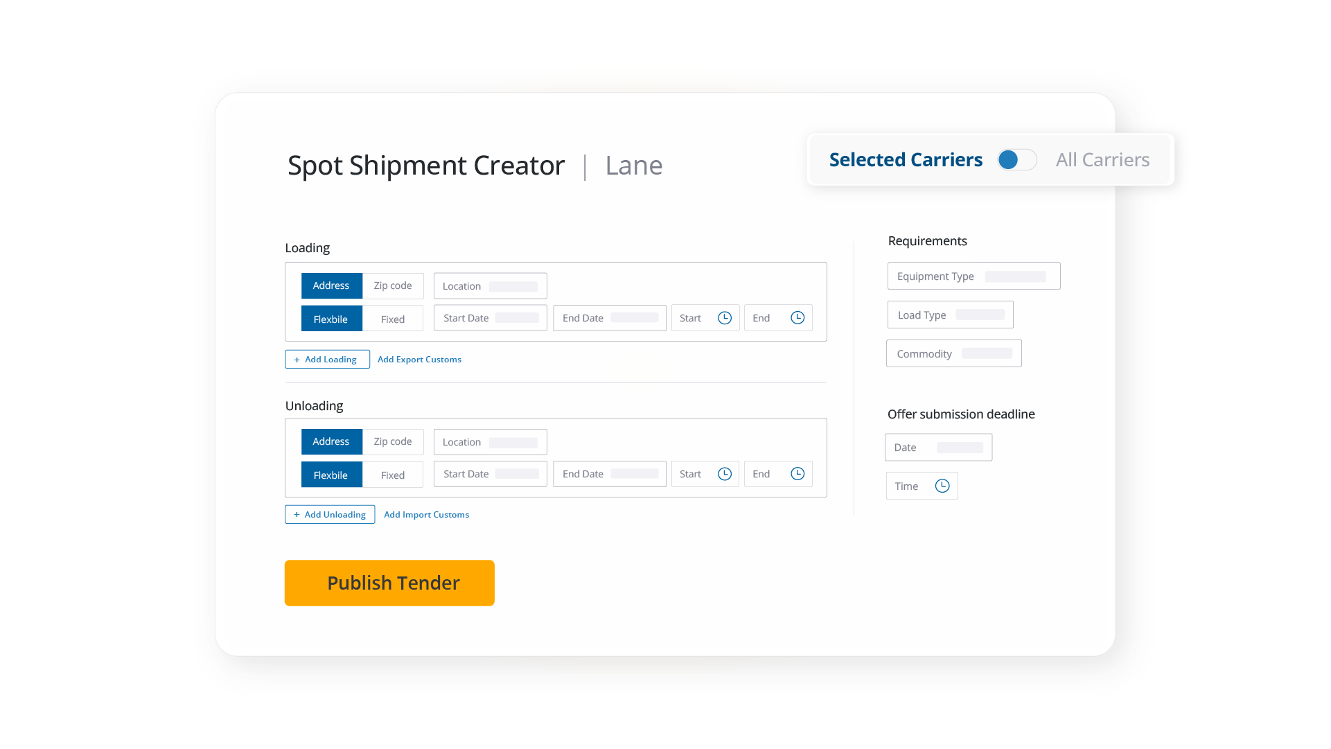 User interface for a Spot Shipment Creator showing fields for loading and unloading addresses, equipment requirements, and a "Publish Tender" button.