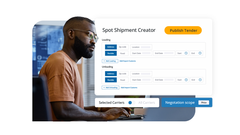 A man uses a laptop next to a digital overlay of a "Spot Shipment Creator" dashboard with forms for loading, unloading, and a "Publish Tender" button.