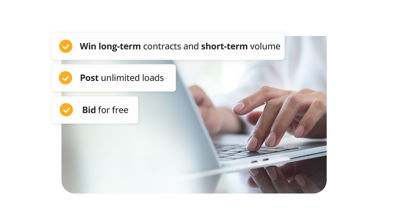 Close-up of hands typing on a laptop with three overlaid checkmark boxes: "Win long-term contracts," "Post unlimited loads," and "Bid for free."