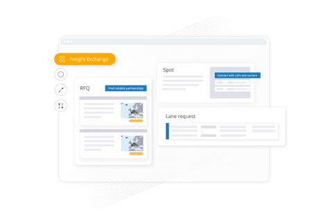High-fidelity UI mockup of the Freight Exchange platform showcasing RFQ, Spot, and Lane request management tools.