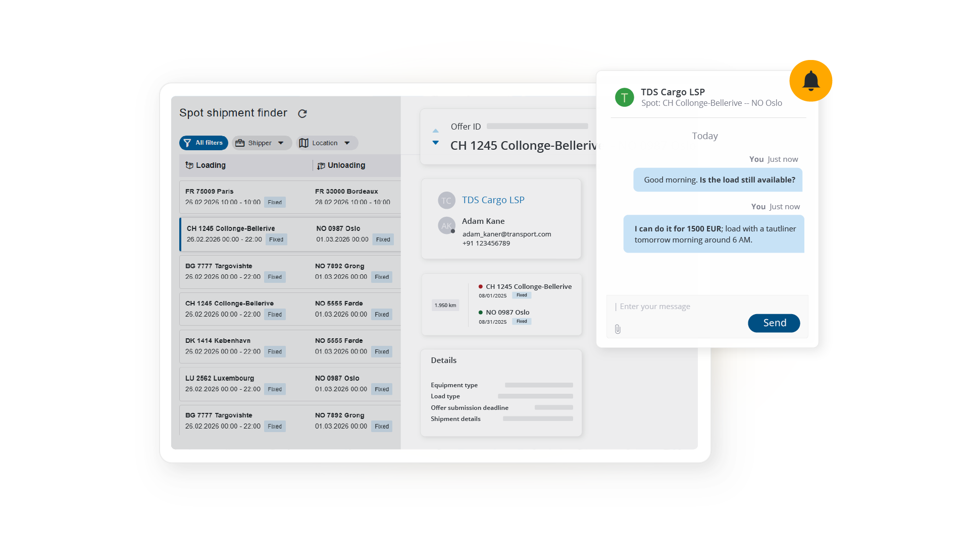A digital shipment finder with a messaging window showing a price negotiation chat between a shipper and a carrier.