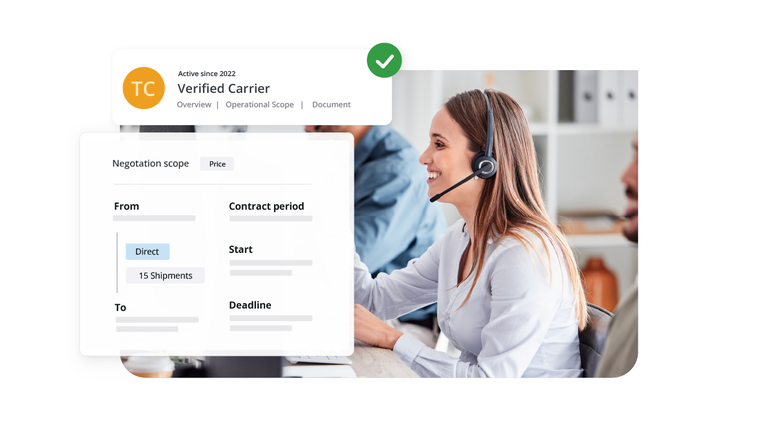 A logistics professional with a headset next to a "Verified Carrier" badge and a digital lane negotiation form.
