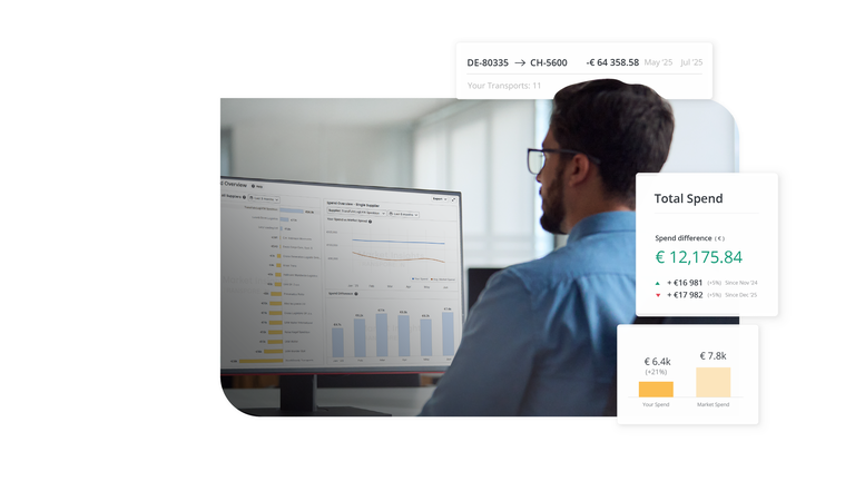Ein Profi blickt auf einen Monitor mit Logistikdaten , umgeben von schwebenden Benutzeroberflächen-Elementen, die Metriken zu den gesamten Frachtausgaben  und Kostenvergleiche zeigen.