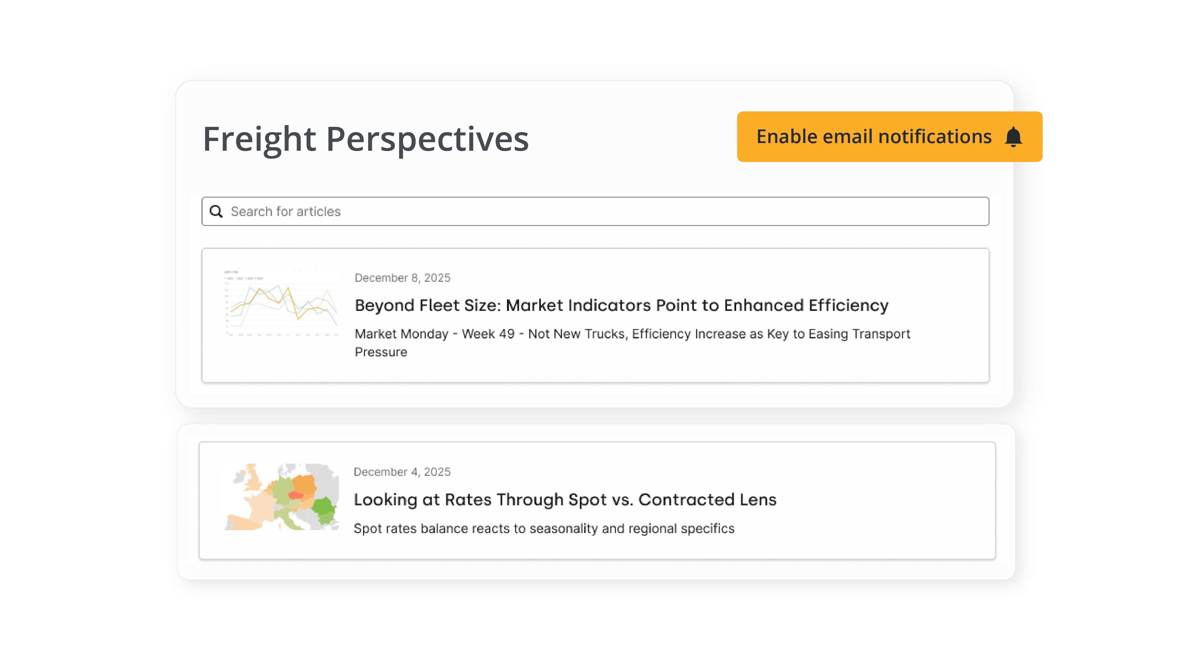 Ein News-Feed-Interface für „Frachtperspektiven“ mit Artikeln zu Marktindikatoren und Tarifvergleichen sowie einer Schaltfläche „E-Mail-Benachrichtigungen aktivieren“.