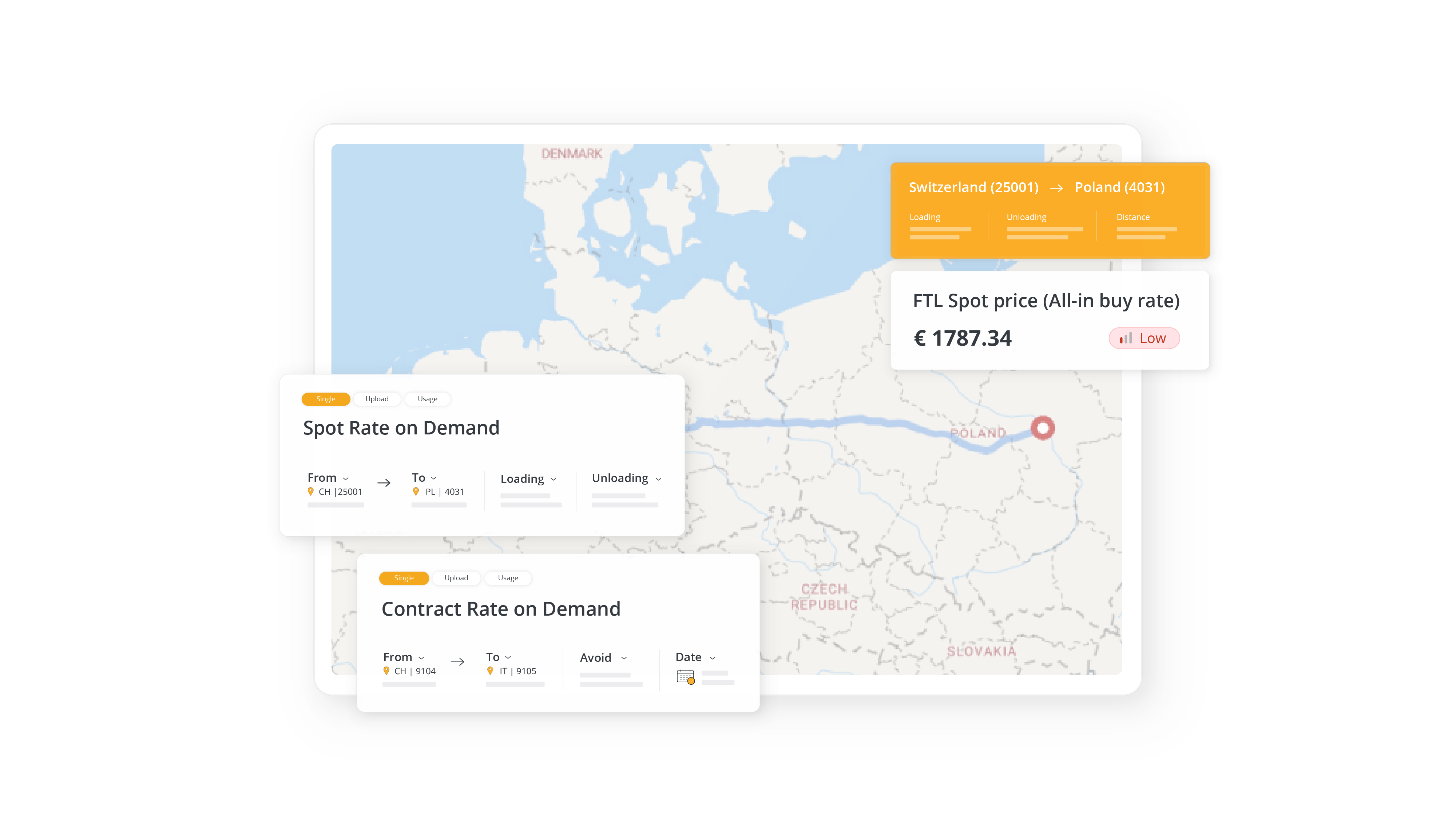 Eine digitale Kartenschnittstelle, die eine Transportroute von der Schweiz nach Polen zeigt, mit Overlay-Fenstern für „Spotpreis auf Anfrage“ und „kontraktbasierte Rate auf Anfrage“.