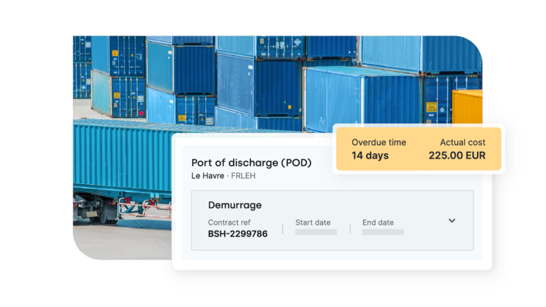 Ułożone w stosy kontenery transportowe na placu portowym, z nałożoną kartą szczegółów opłat za przestój dla Le Havre, pokazującą 14 dni opóźnienia i związane z tym koszty.
