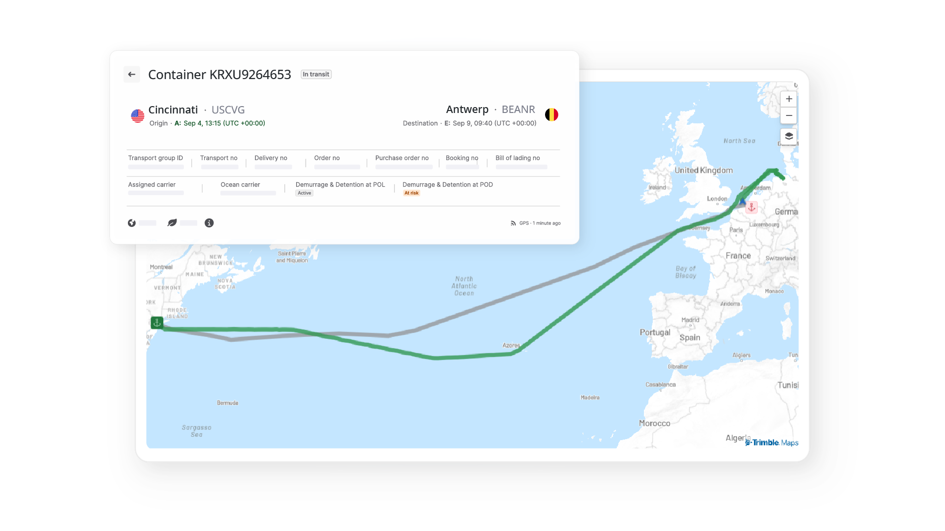Pulpitu nawigacyjnego z mapą widoczności na morzu, przedstawiający transatlantycką trasę transportową z Cincinnati do Antwerpii, wraz ze szczegółową kartą statusu kontenera.