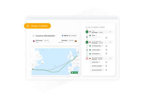 Interfejs platformy logistycznej o nazwie „Ocean Visibility”, wyświetlający globalną mapę tras, szczegóły śledzenia przesyłki z Cincinnati do Antwerpii oraz narzędzie do śledzenia kamieni milowych na osi czasu.