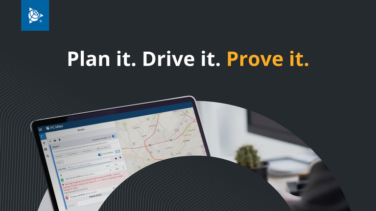A promotional video thumbnail featuring the Trimble logo and the slogan "Plan it. Drive it. Prove it." above a laptop screen displaying the PC*Miler routing software map interface.