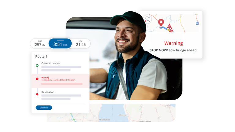 A smiling commercial truck driver in their vehicle's cab, overlaid with digital navigation widgets displaying route progress, ETA, and a red warning alert for a low bridge ahead, illustrating Trimble Maps' driver safety features.