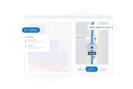 CoPilot commercial vehicle navigation interface showing route preview and on-time delivery tracking